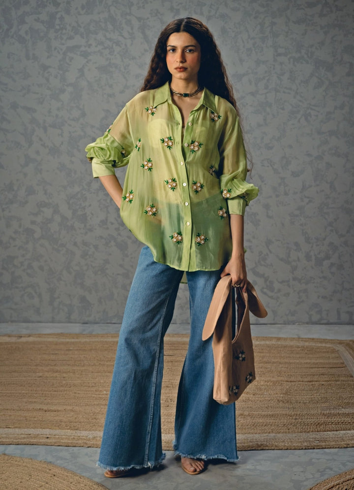 Pista Green Silk Organza Shirt Paulmi and Harsh X Ease - Fabilicious Fashion