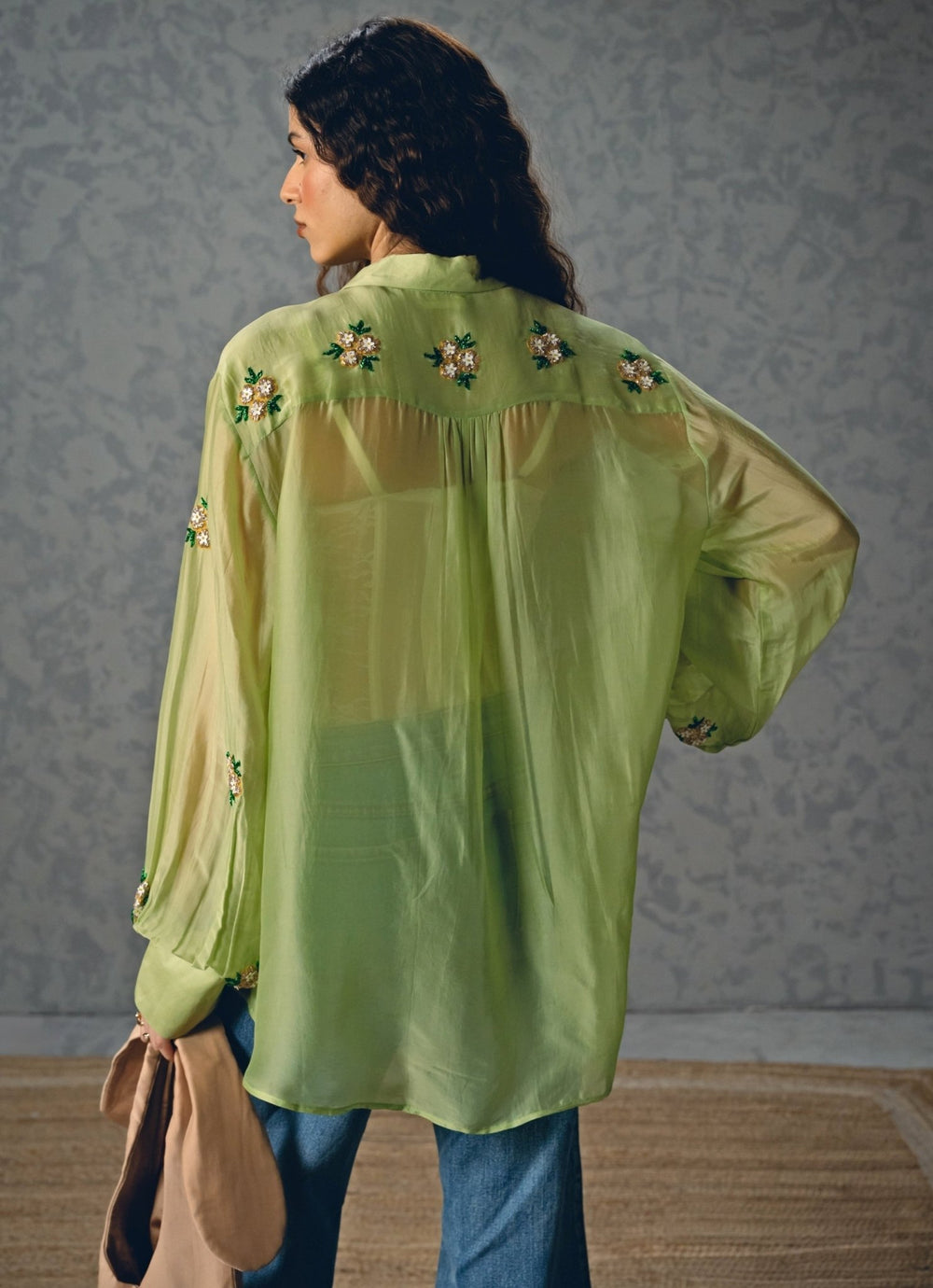 Pista Green Silk Organza Shirt Paulmi and Harsh X Ease - Fabilicious Fashion