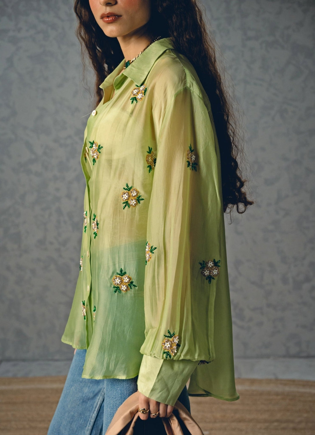Pista Green Silk Organza Shirt Paulmi and Harsh X Ease - Fabilicious Fashion