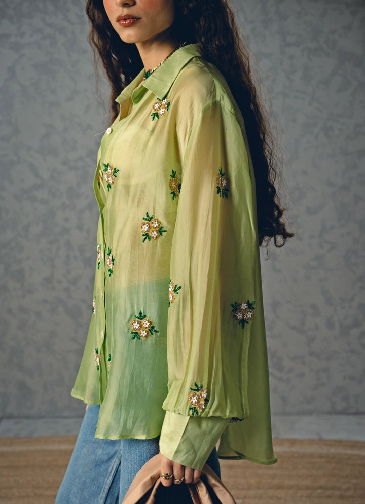 Pista Green Silk Organza Shirt Paulmi and Harsh X Ease - Fabilicious Fashion