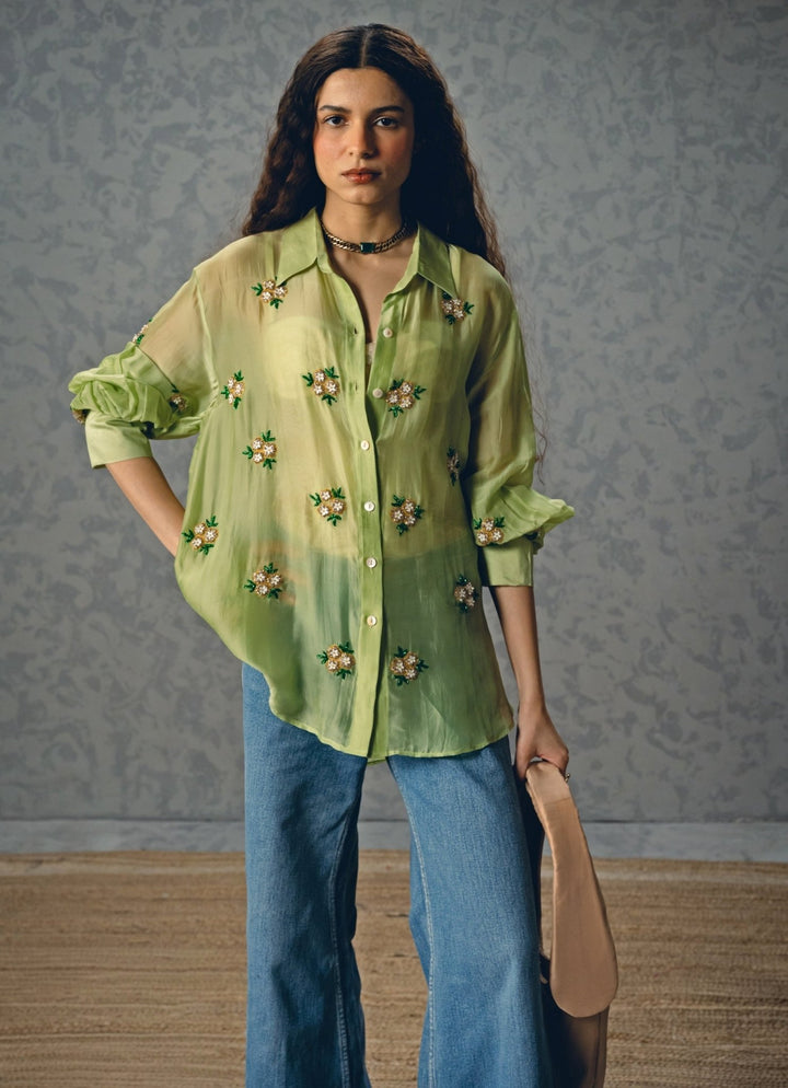 Pista Green Silk Organza Shirt Paulmi and Harsh X Ease - Fabilicious Fashion