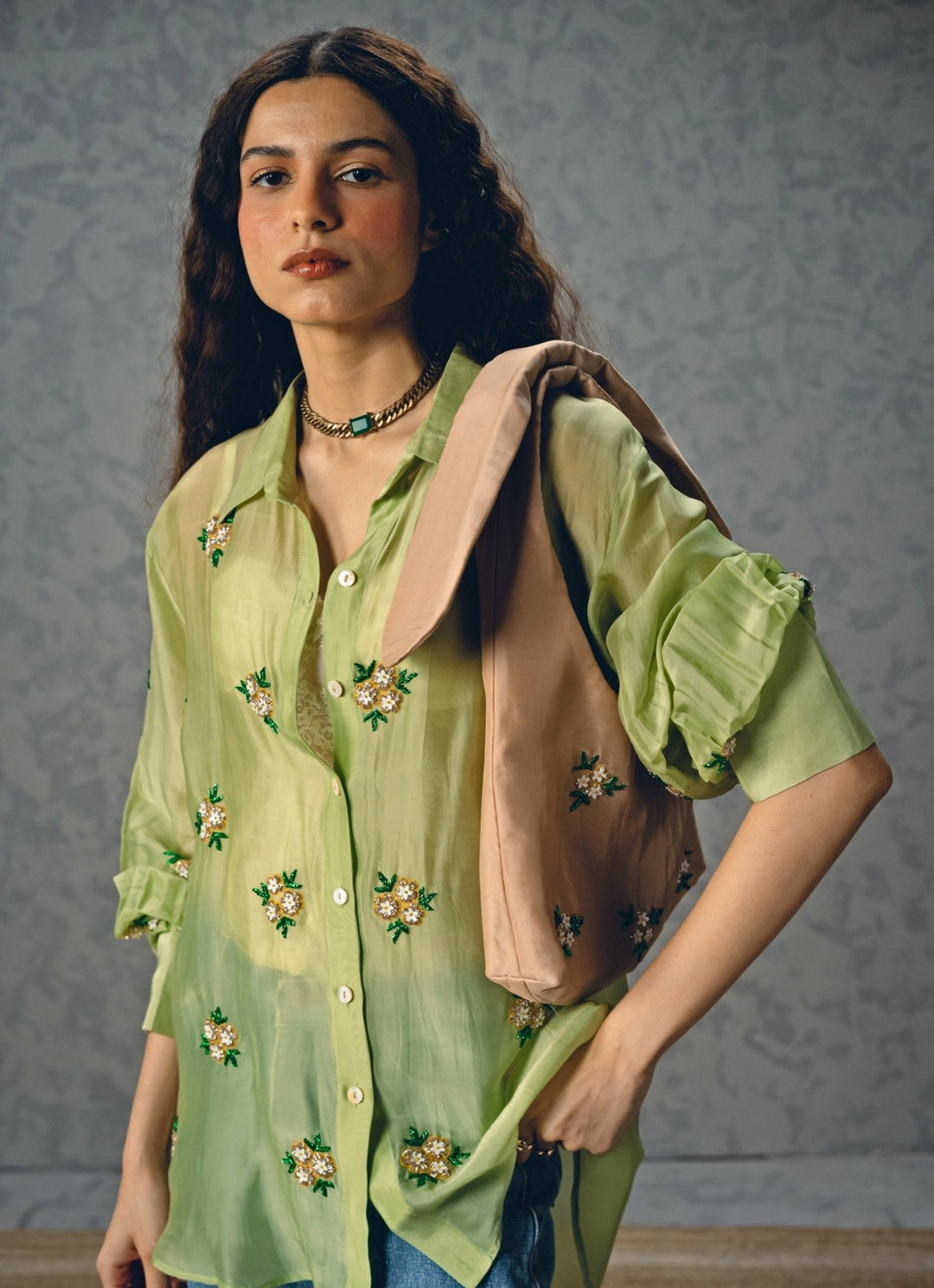 Pista Green Silk Organza Shirt Paulmi and Harsh X Ease - Fabilicious Fashion
