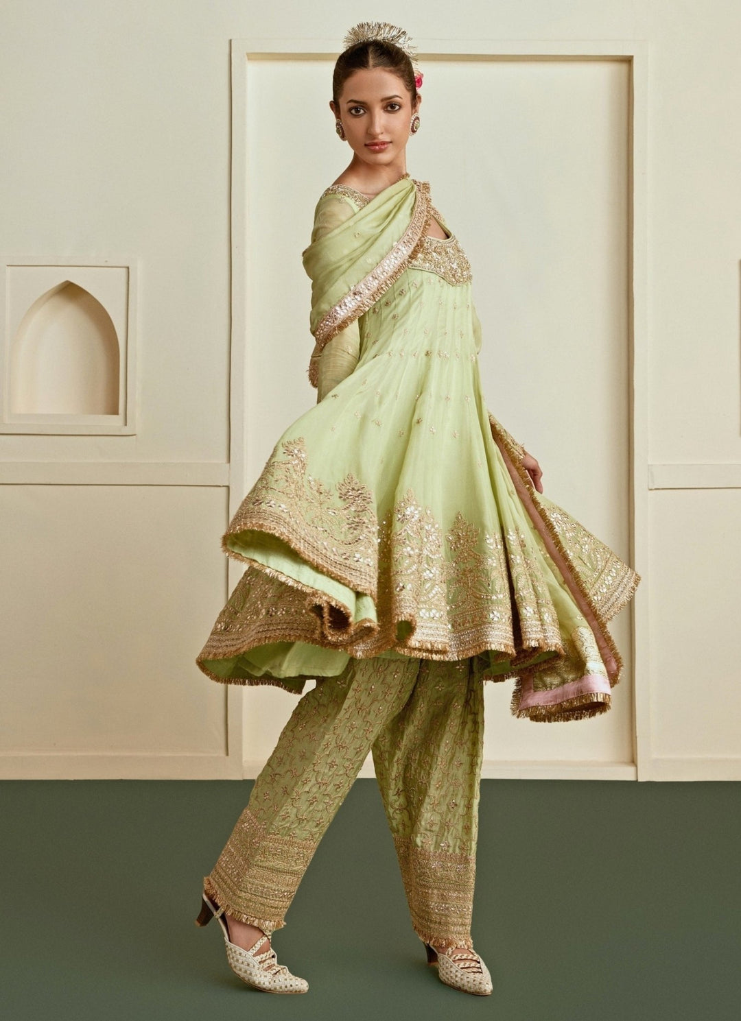 Gopi Vaid Pista Green Tussar Farshi Salwar Kurta SetFabilicious Fashion