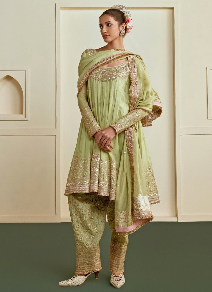 Gopi Vaid Pista Green Tussar Farshi Salwar Kurta SetFabilicious Fashion