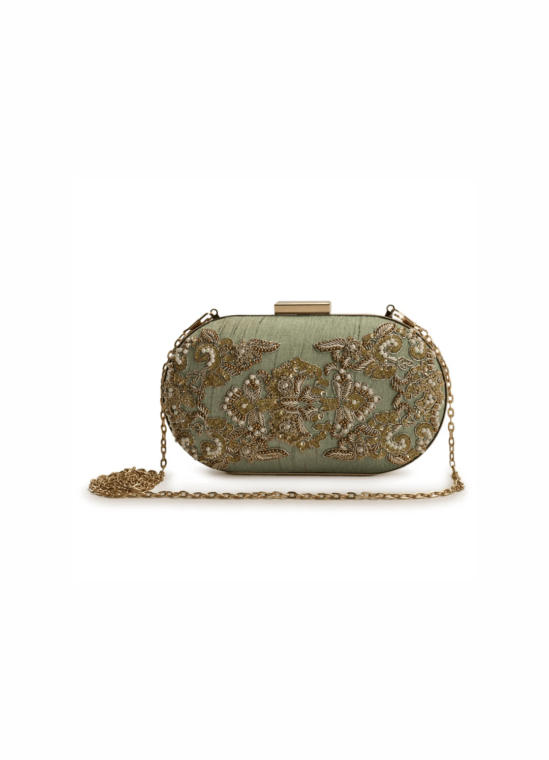 Pistachio and Gold Embellished Clutch The Purple Sack - Fabilicious Fashion