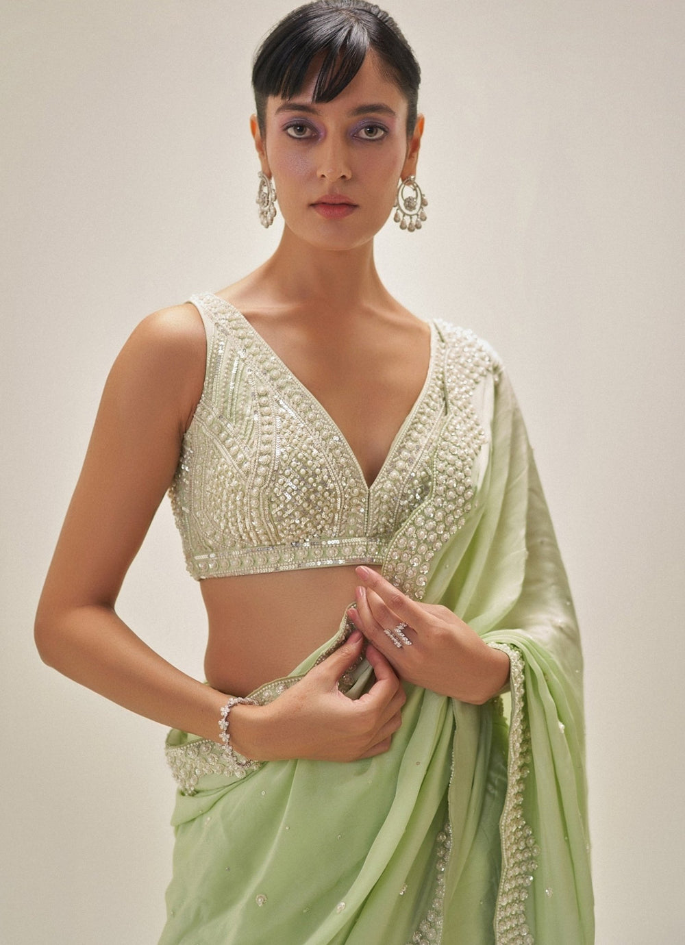 Pistachio Green Pearl Embroidered Crepe Saree Angad Singh - Fabilicious Fashion