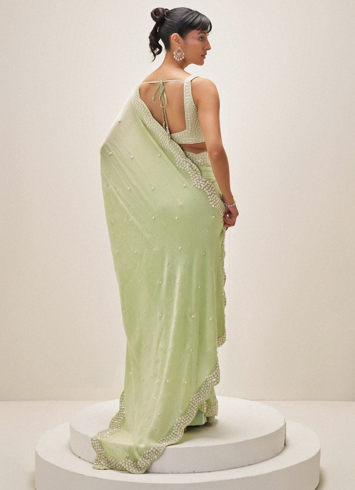 Pistachio Green Pearl Embroidered Crepe Saree Angad Singh - Fabilicious Fashion