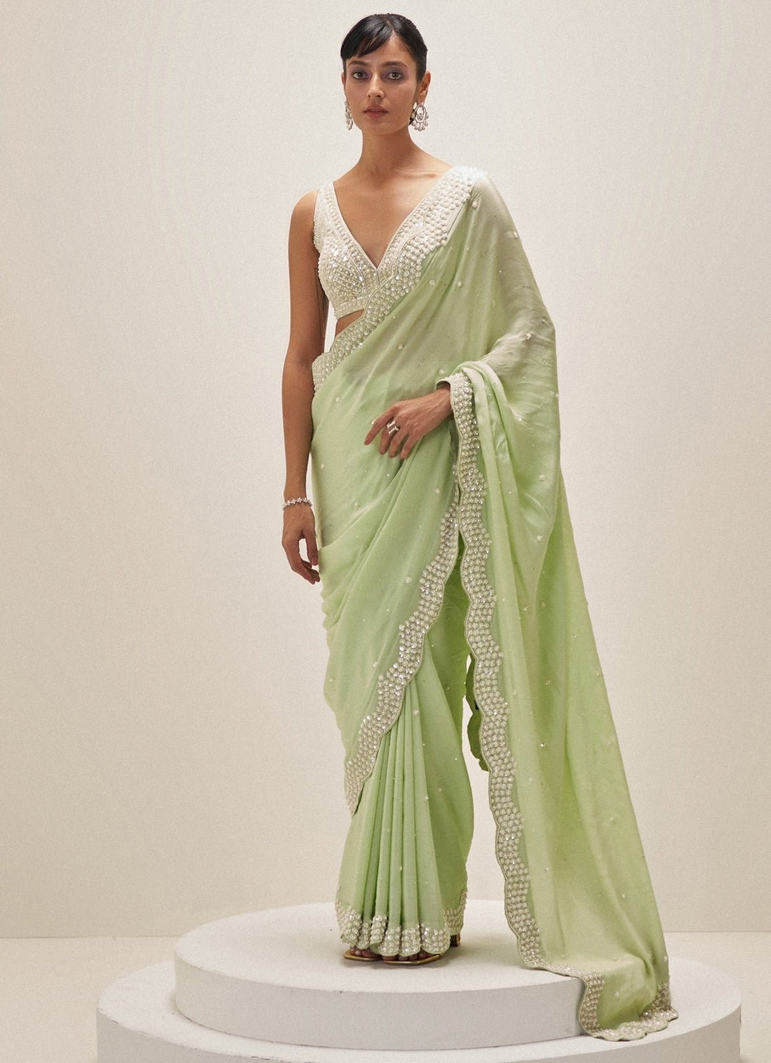 Pistachio Green Pearl Embroidered Crepe Saree Angad Singh - Fabilicious Fashion