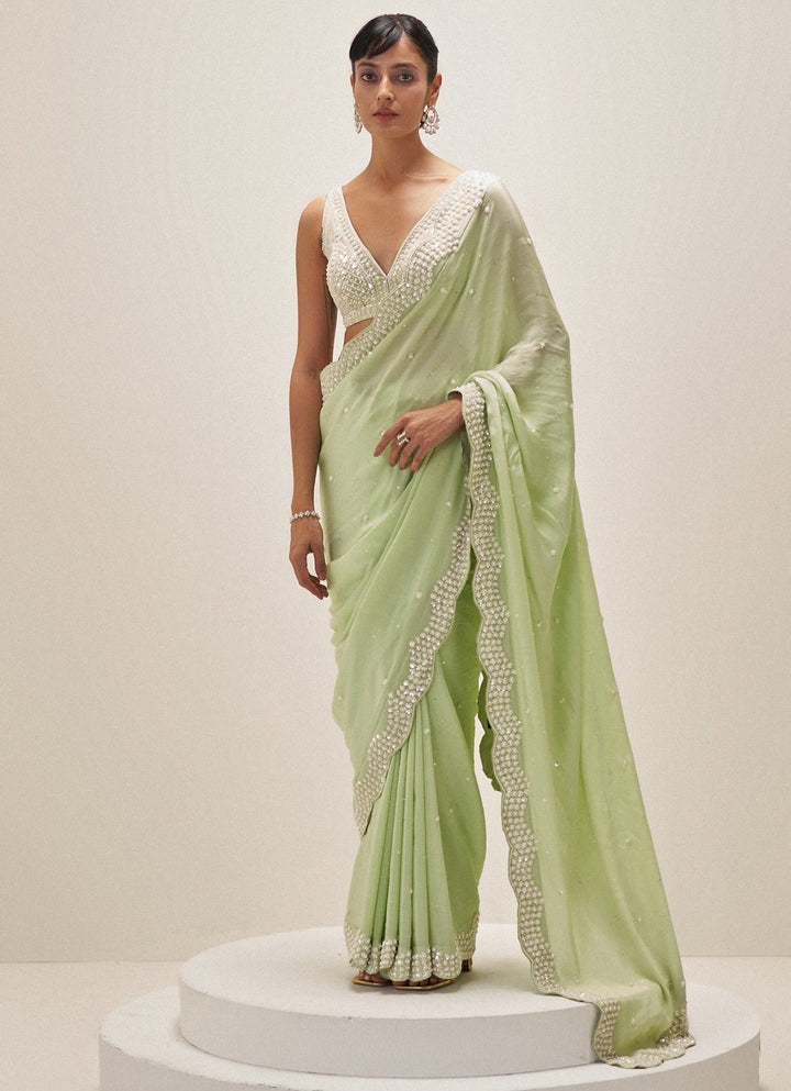 Pistachio Green Pearl Embroidered Crepe Saree Angad Singh - Fabilicious Fashion