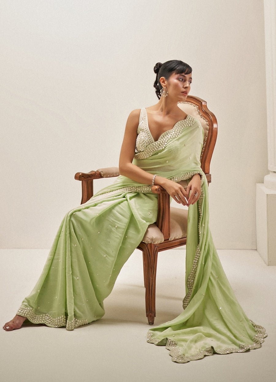 Pistachio Green Pearl Embroidered Crepe Saree Angad Singh - Fabilicious Fashion