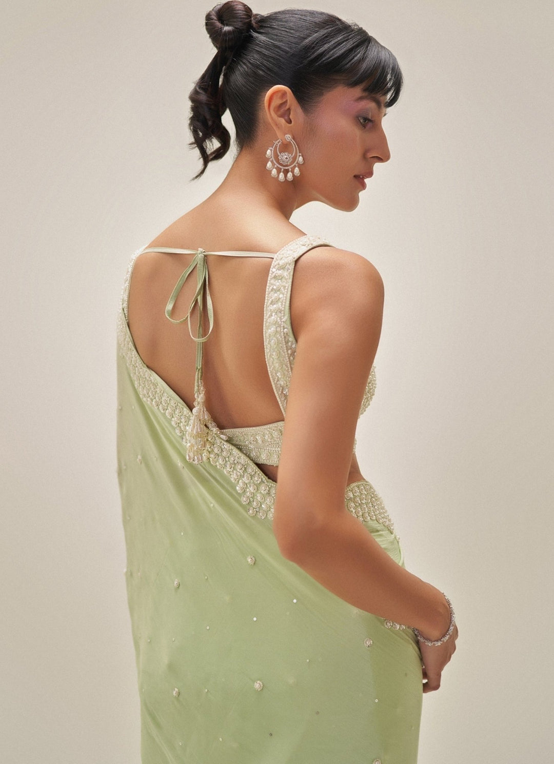 Pistachio Green Pearl Embroidered Crepe Saree Angad Singh - Fabilicious Fashion