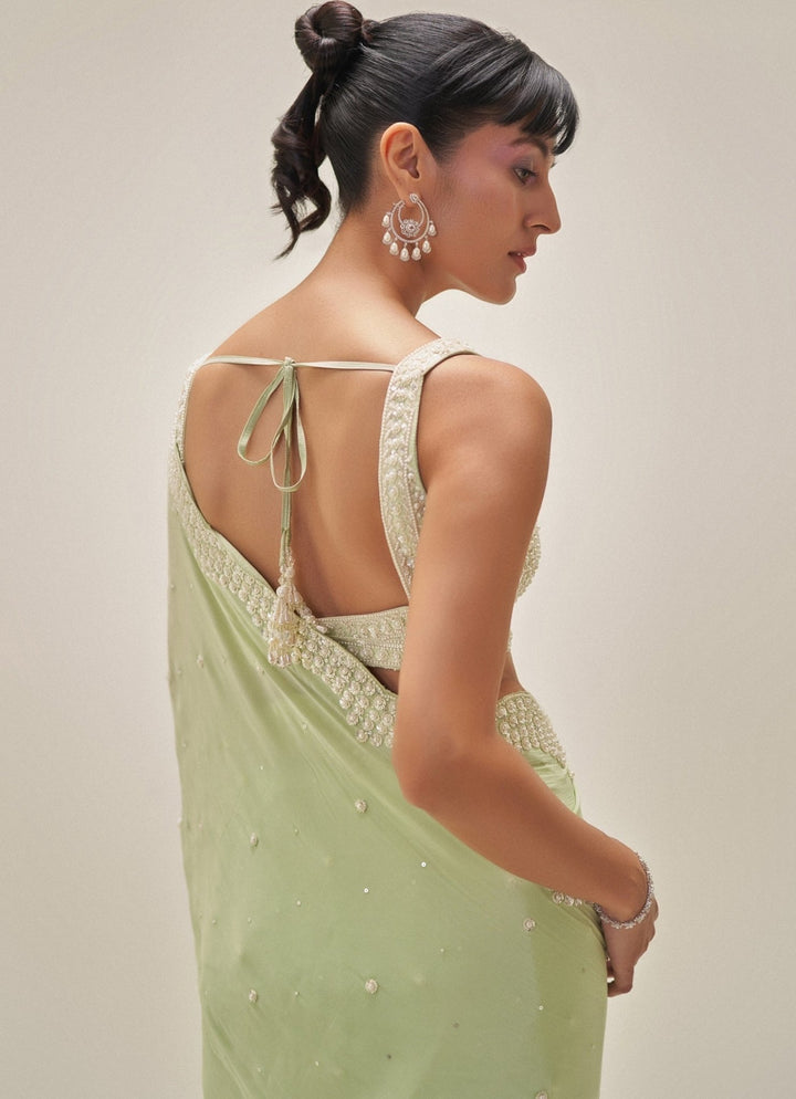 Pistachio Green Pearl Embroidered Crepe Saree Angad Singh - Fabilicious Fashion