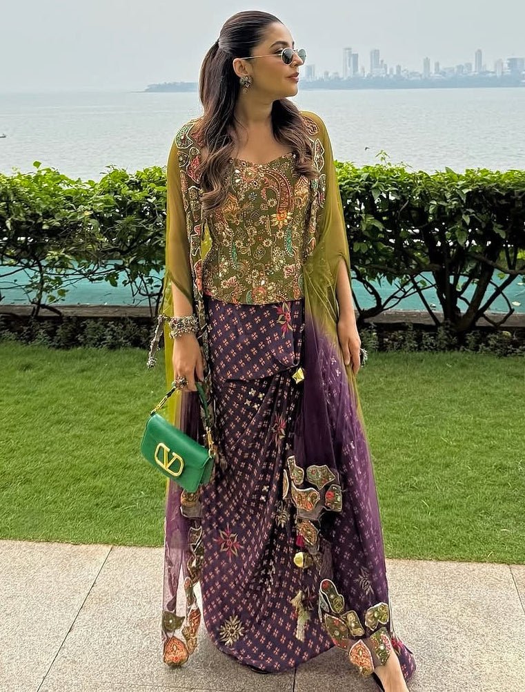 Plum Printed Dhoti With Embroidered Corset And Cape Juhi Bengani - Fabilicious Fashion