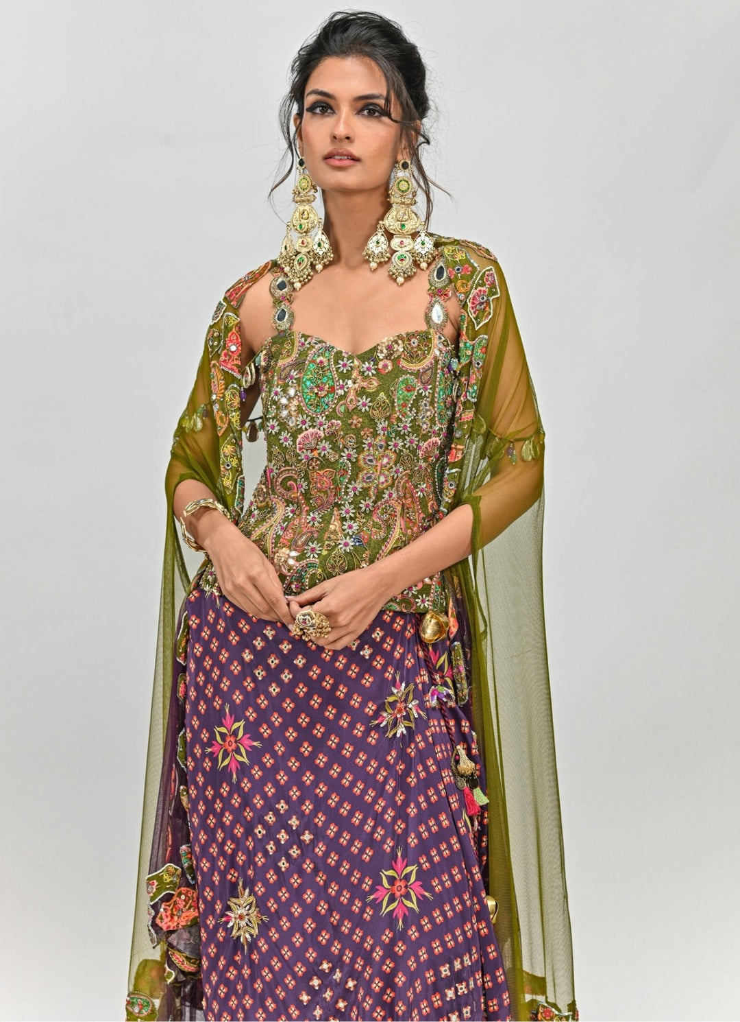Plum Printed Dhoti With Embroidered Corset And Cape Juhi Bengani - Fabilicious Fashion