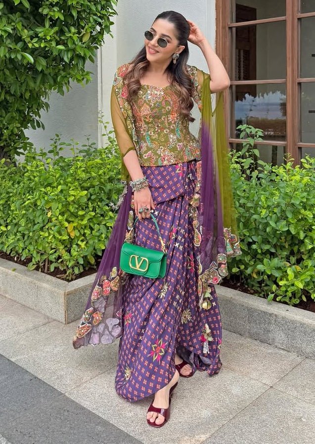 Plum Printed Dhoti With Embroidered Corset And Cape Juhi Bengani - Fabilicious Fashion