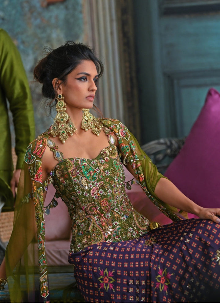 Plum Printed Dhoti With Embroidered Corset And Cape Juhi Bengani - Fabilicious Fashion