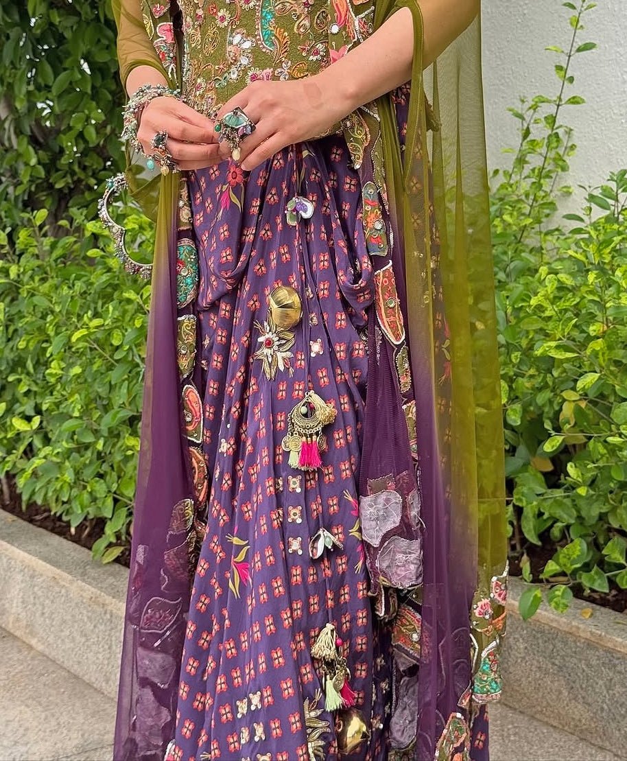 Plum Printed Dhoti With Embroidered Corset And Cape Juhi Bengani - Fabilicious Fashion