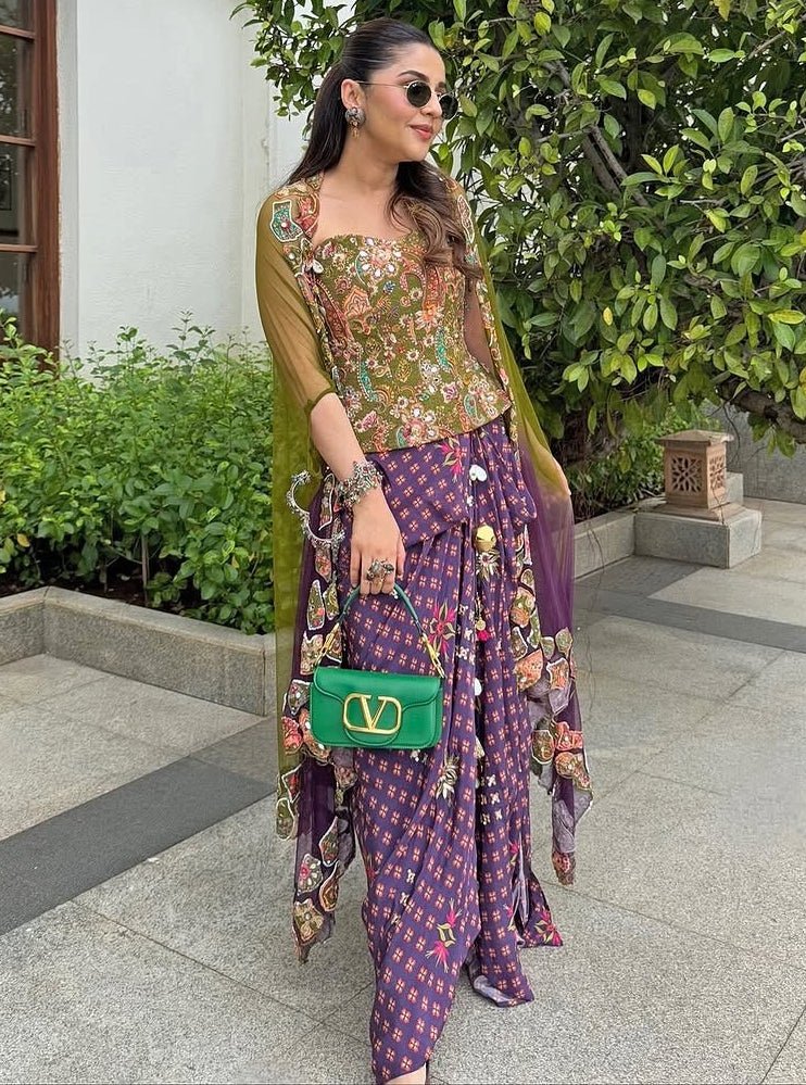 Plum Printed Dhoti With Embroidered Corset And Cape Juhi Bengani - Fabilicious Fashion