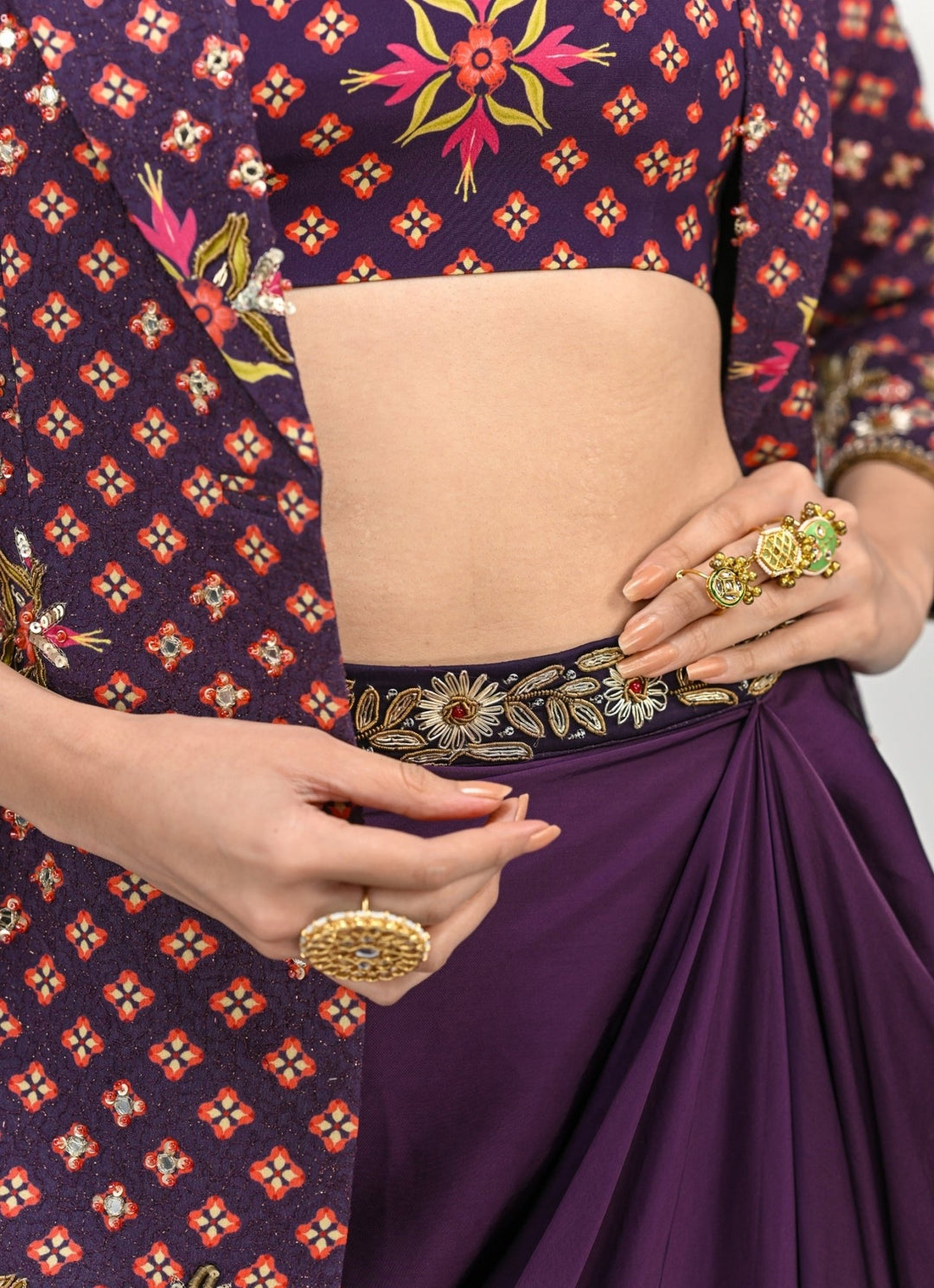 Plum Purple Drape Skirt With Embroidered Blazer Juhi Bengani - Fabilicious Fashion