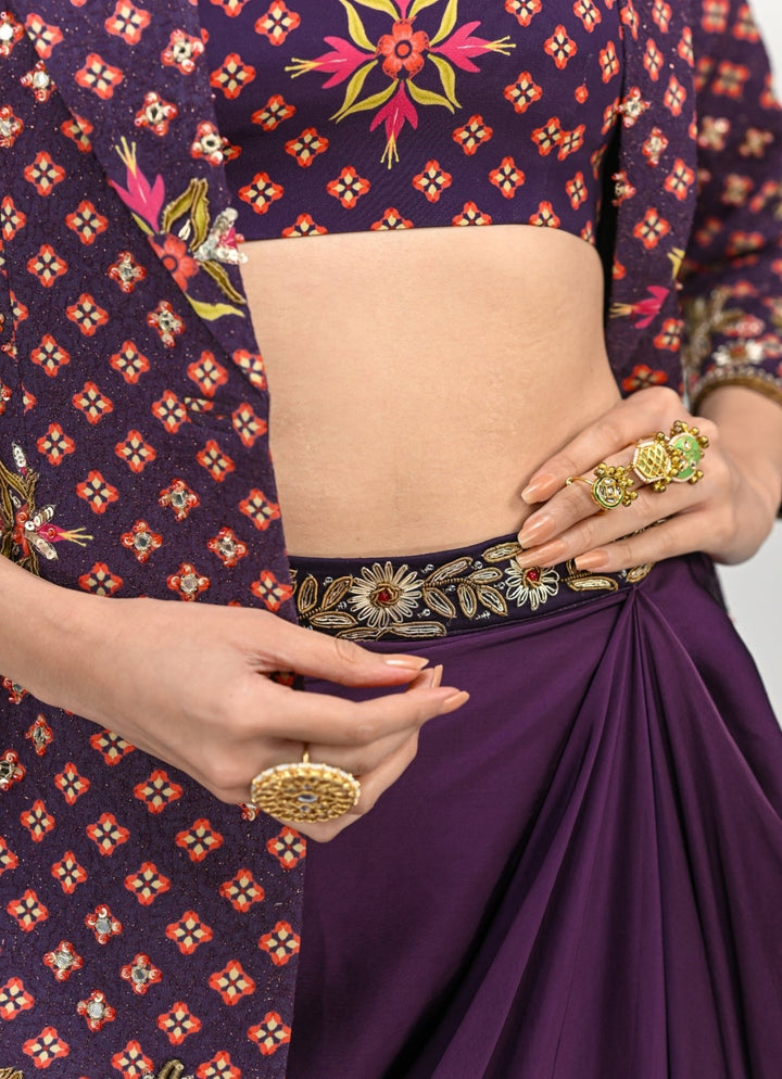 Plum Purple Drape Skirt With Embroidered Blazer Juhi Bengani - Fabilicious Fashion