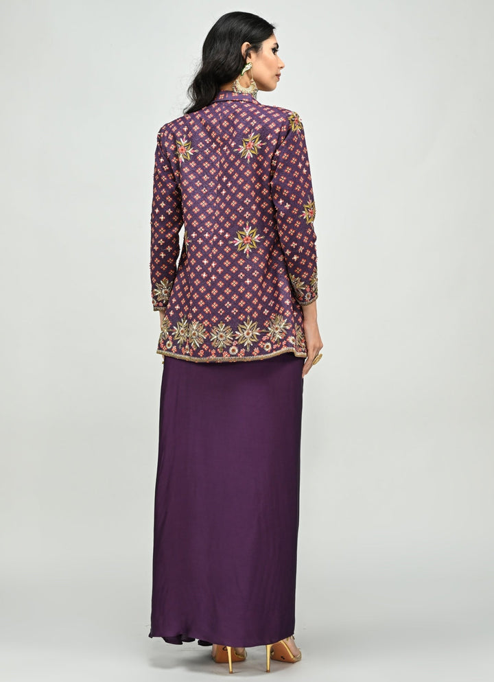 Plum Purple Drape Skirt With Embroidered Blazer Juhi Bengani - Fabilicious Fashion