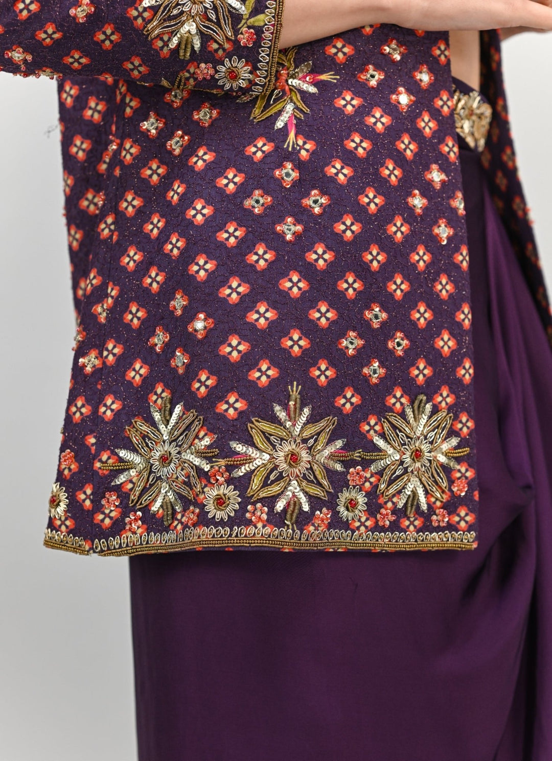 Plum Purple Drape Skirt With Embroidered Blazer Juhi Bengani - Fabilicious Fashion