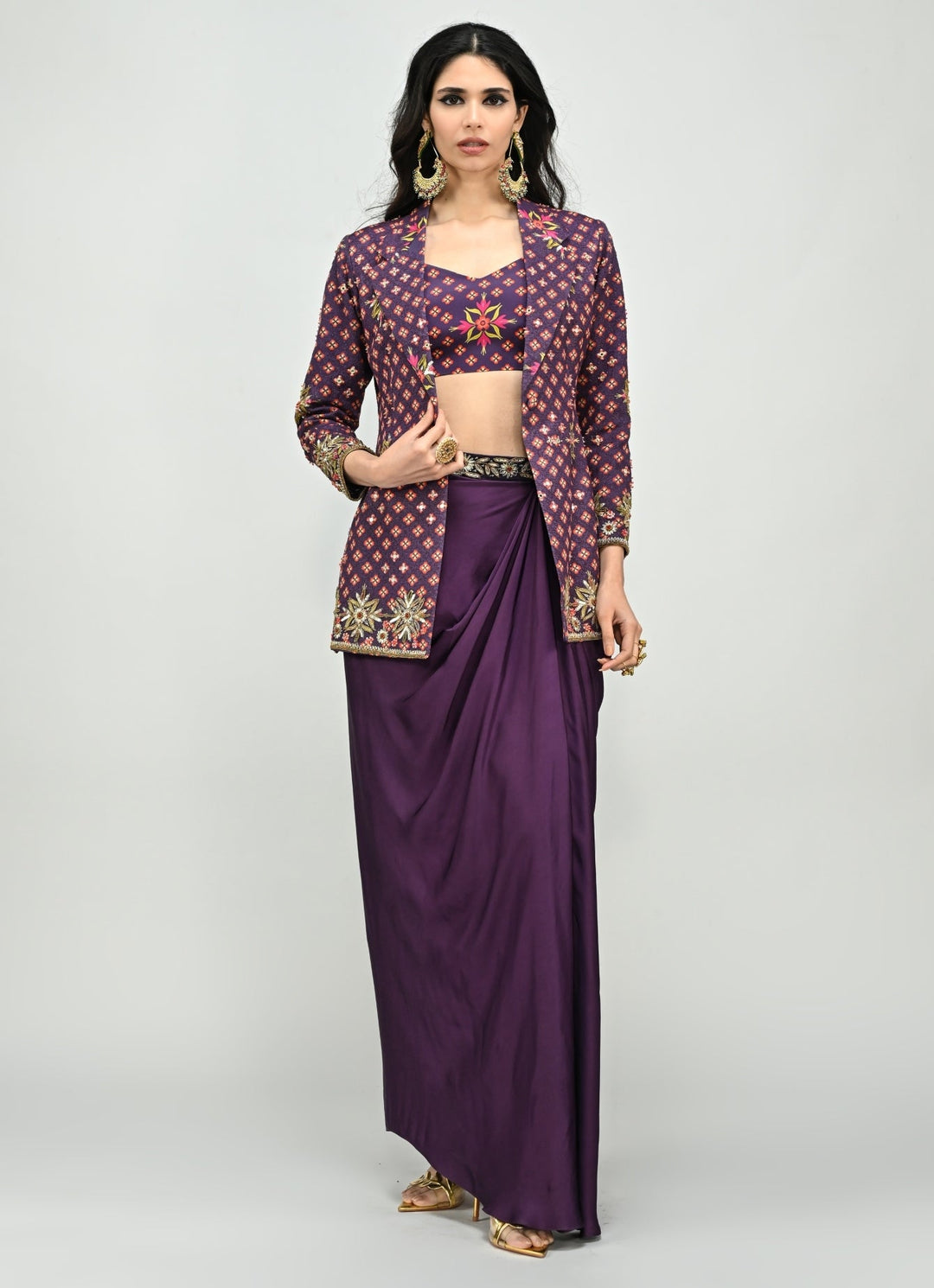 Plum Purple Drape Skirt With Embroidered Blazer Juhi Bengani - Fabilicious Fashion
