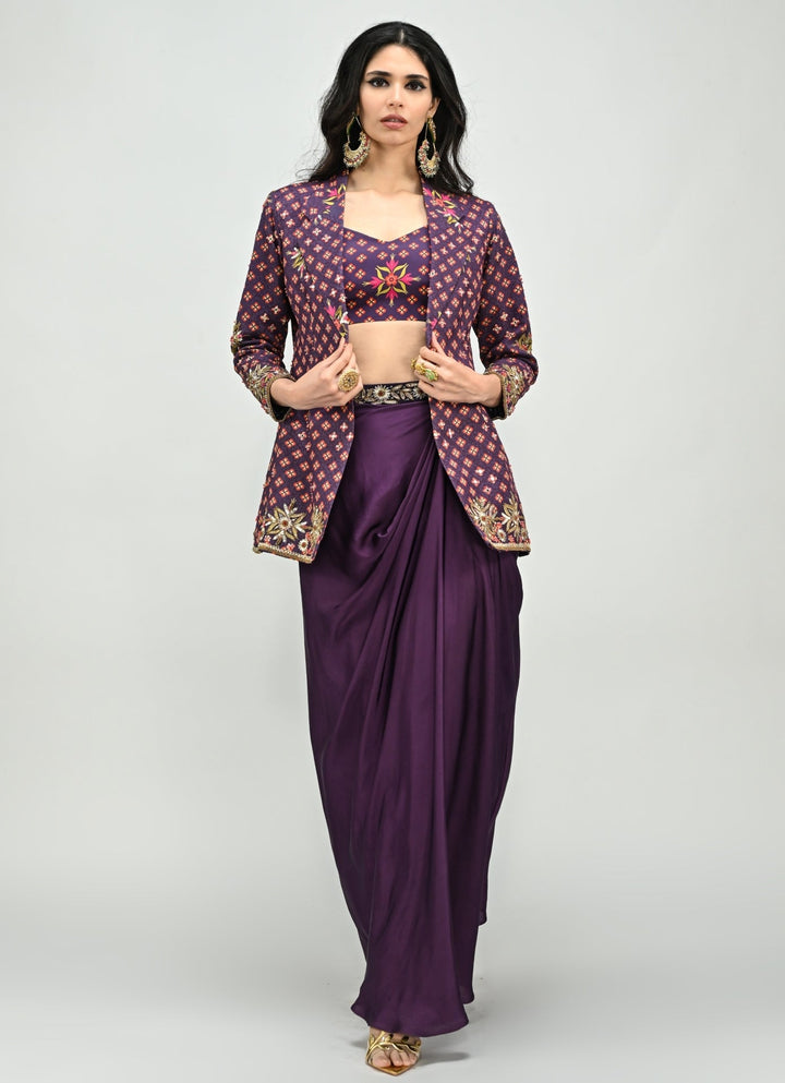 Plum Purple Drape Skirt With Embroidered Blazer Juhi Bengani - Fabilicious Fashion