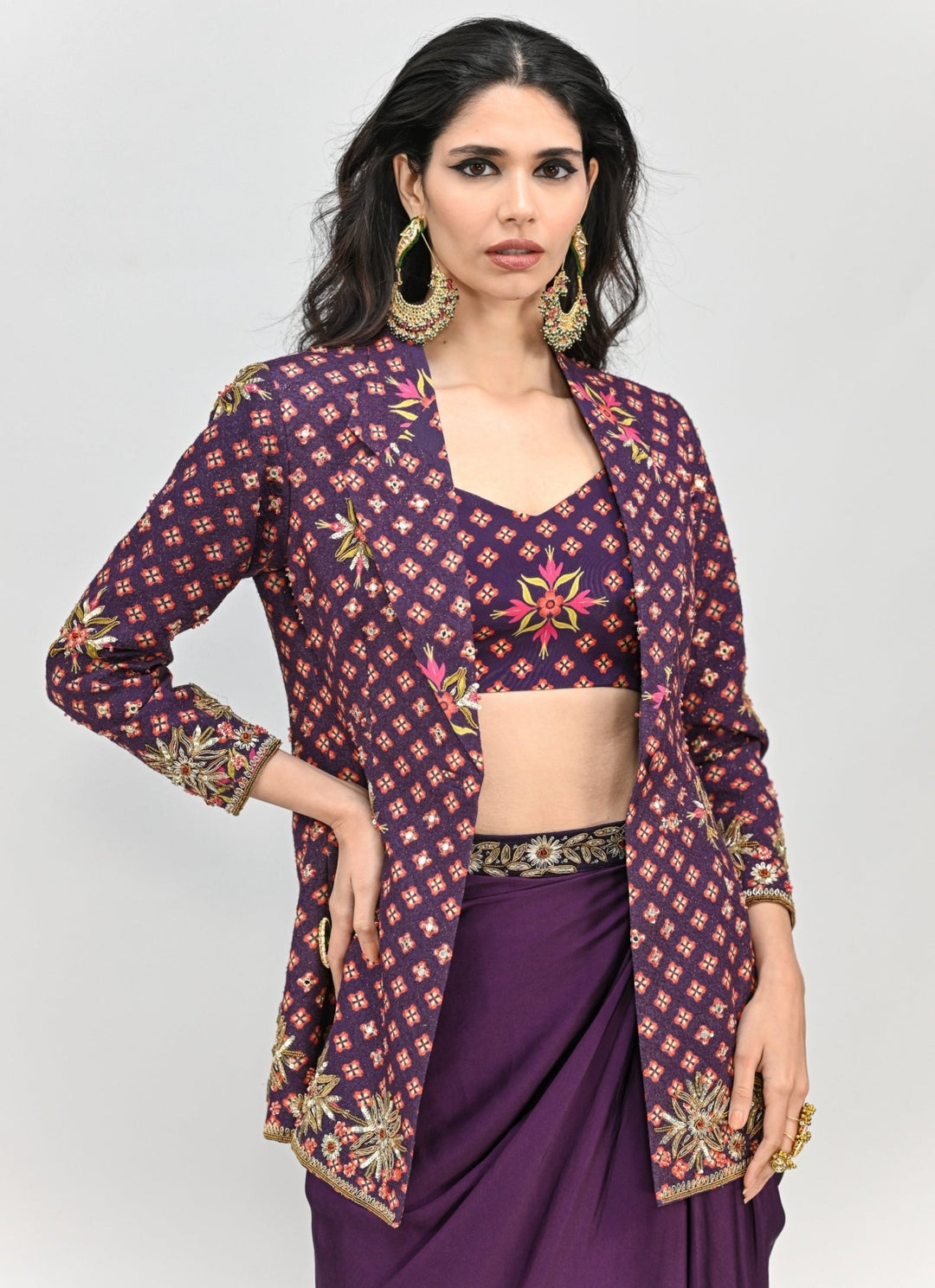 Plum Purple Drape Skirt With Embroidered Blazer Juhi Bengani - Fabilicious Fashion