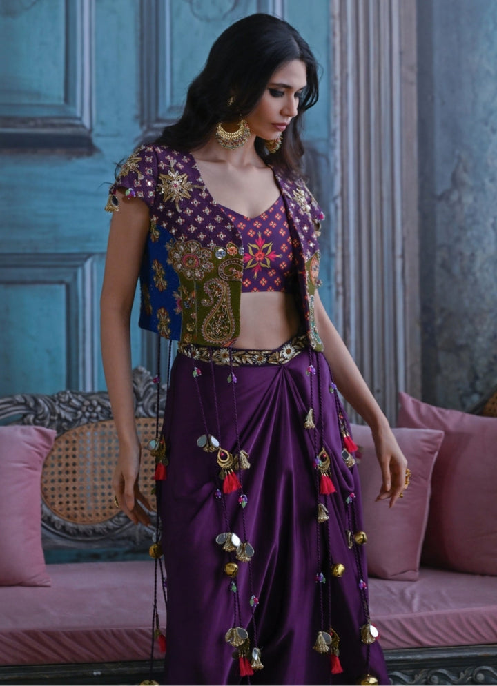 Plum Purple Drape Skirt With Embroidered Jacket Juhi Bengani - Fabilicious Fashion