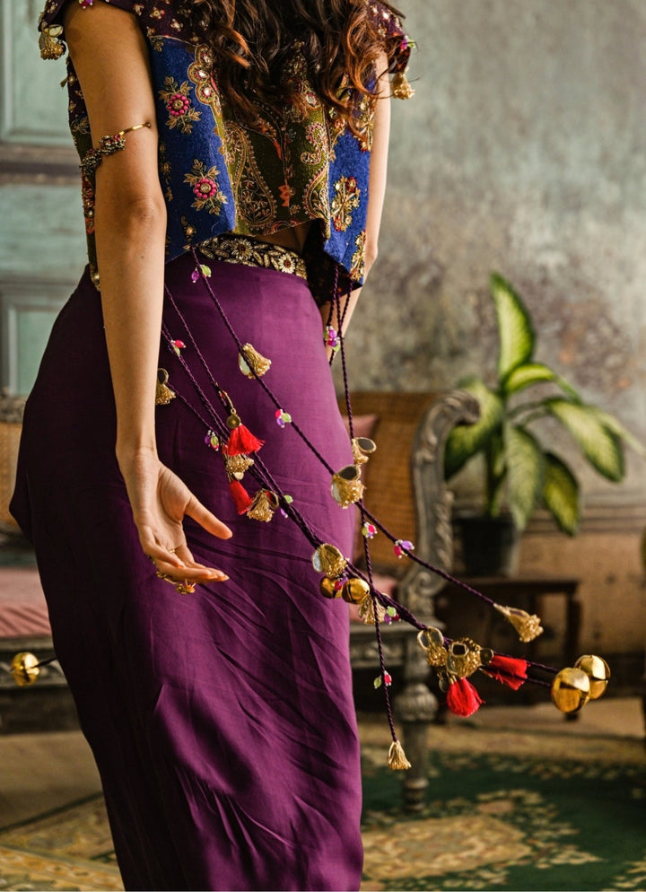 Plum Purple Drape Skirt With Embroidered Jacket Juhi Bengani - Fabilicious Fashion