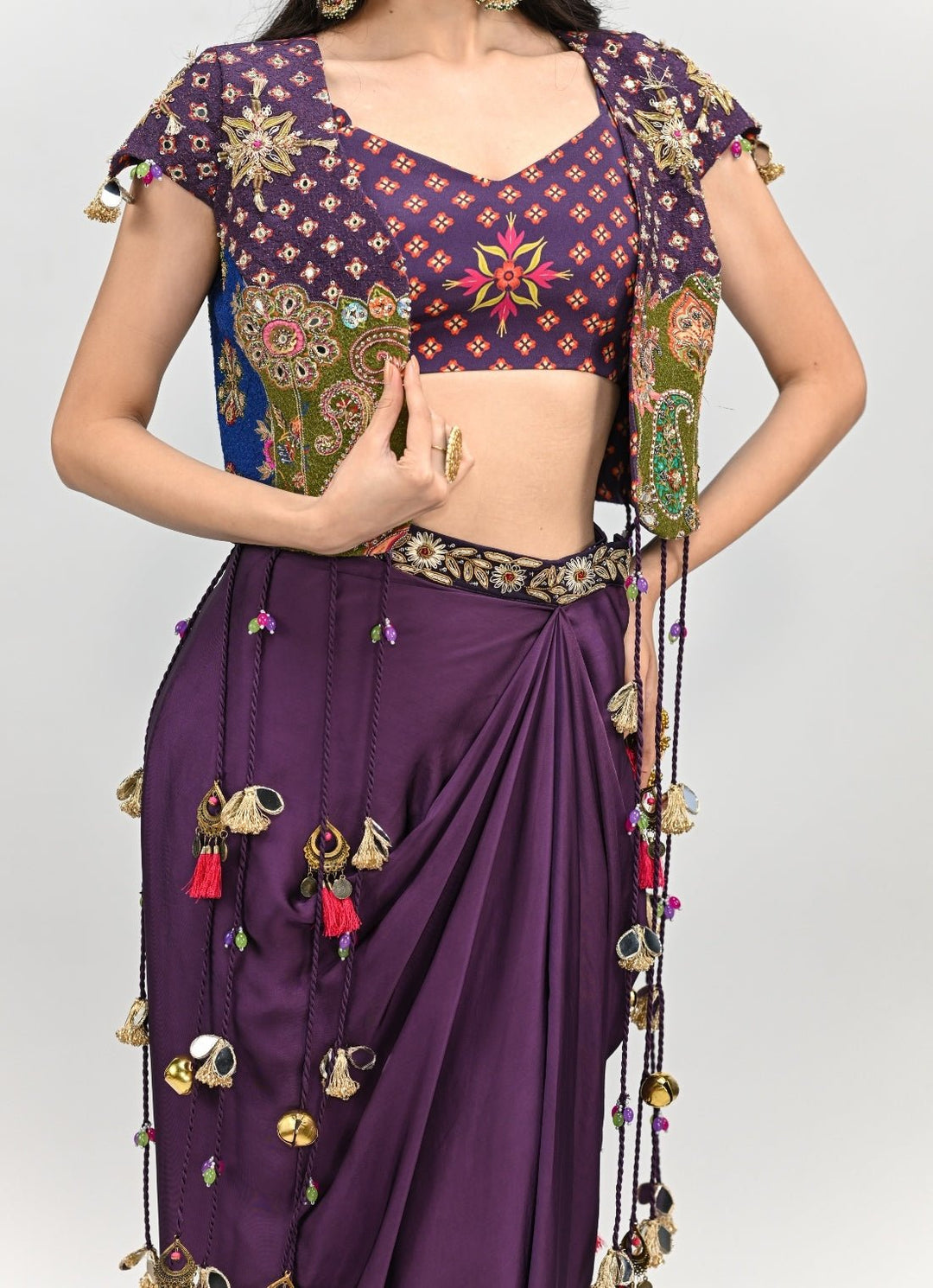 Plum Purple Drape Skirt With Embroidered Jacket Juhi Bengani - Fabilicious Fashion