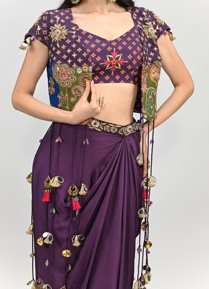 Plum Purple Drape Skirt With Embroidered Jacket Juhi Bengani - Fabilicious Fashion