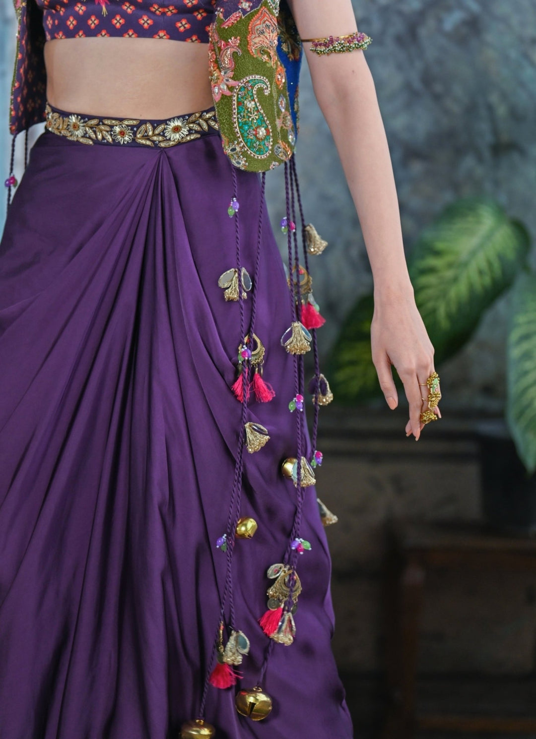 Plum Purple Drape Skirt With Embroidered Jacket Juhi Bengani - Fabilicious Fashion
