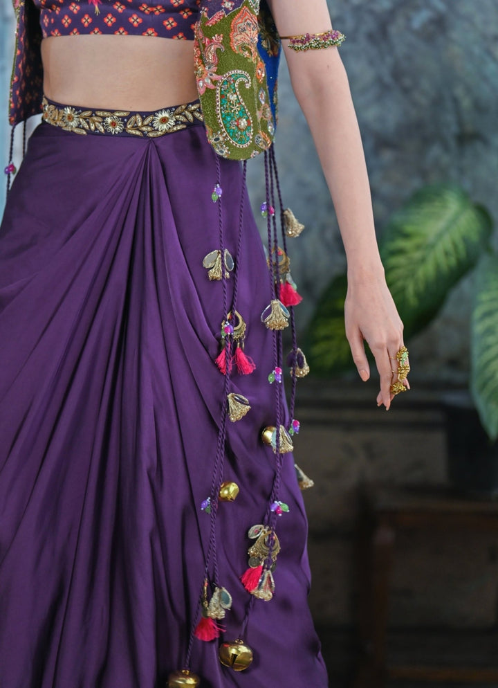 Plum Purple Drape Skirt With Embroidered Jacket Juhi Bengani - Fabilicious Fashion
