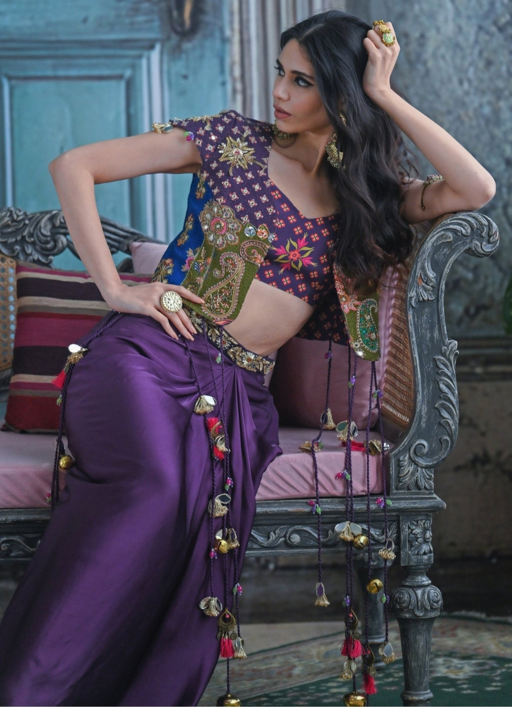 Plum Purple Drape Skirt With Embroidered Jacket Juhi Bengani - Fabilicious Fashion