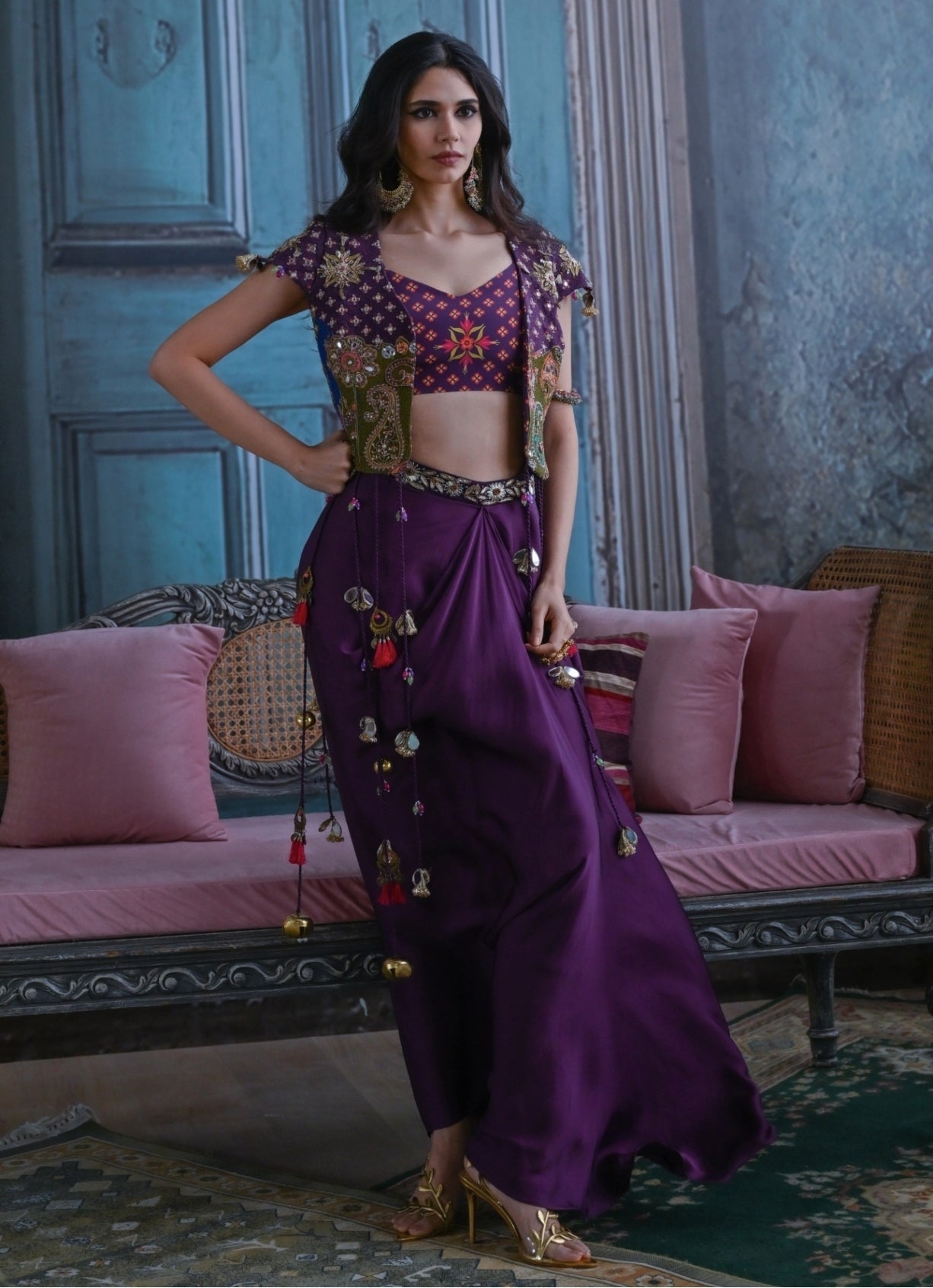 Juhi Bengani plum purple drape skirt with embroidered jacket — festive evening dhoti skirt look