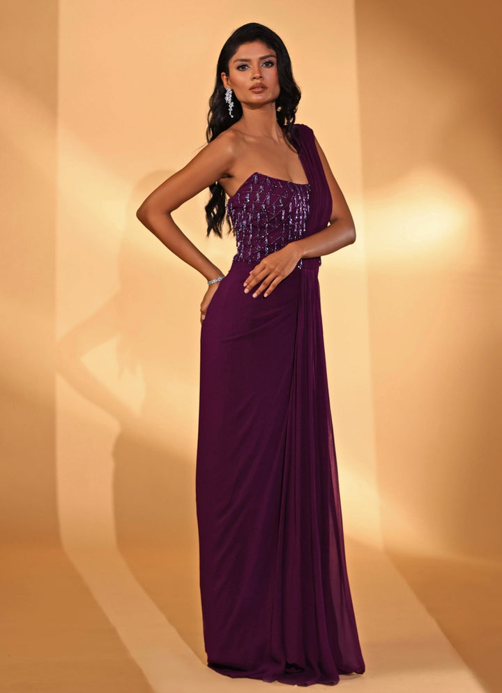 Plum Purple Embridered Georgette Concept Saree Gown Kiyohra - Fabilicious Fashion