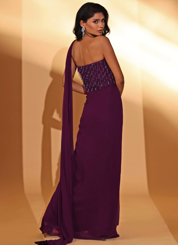 Plum Purple Embridered Georgette Concept Saree Gown Kiyohra - Fabilicious Fashion