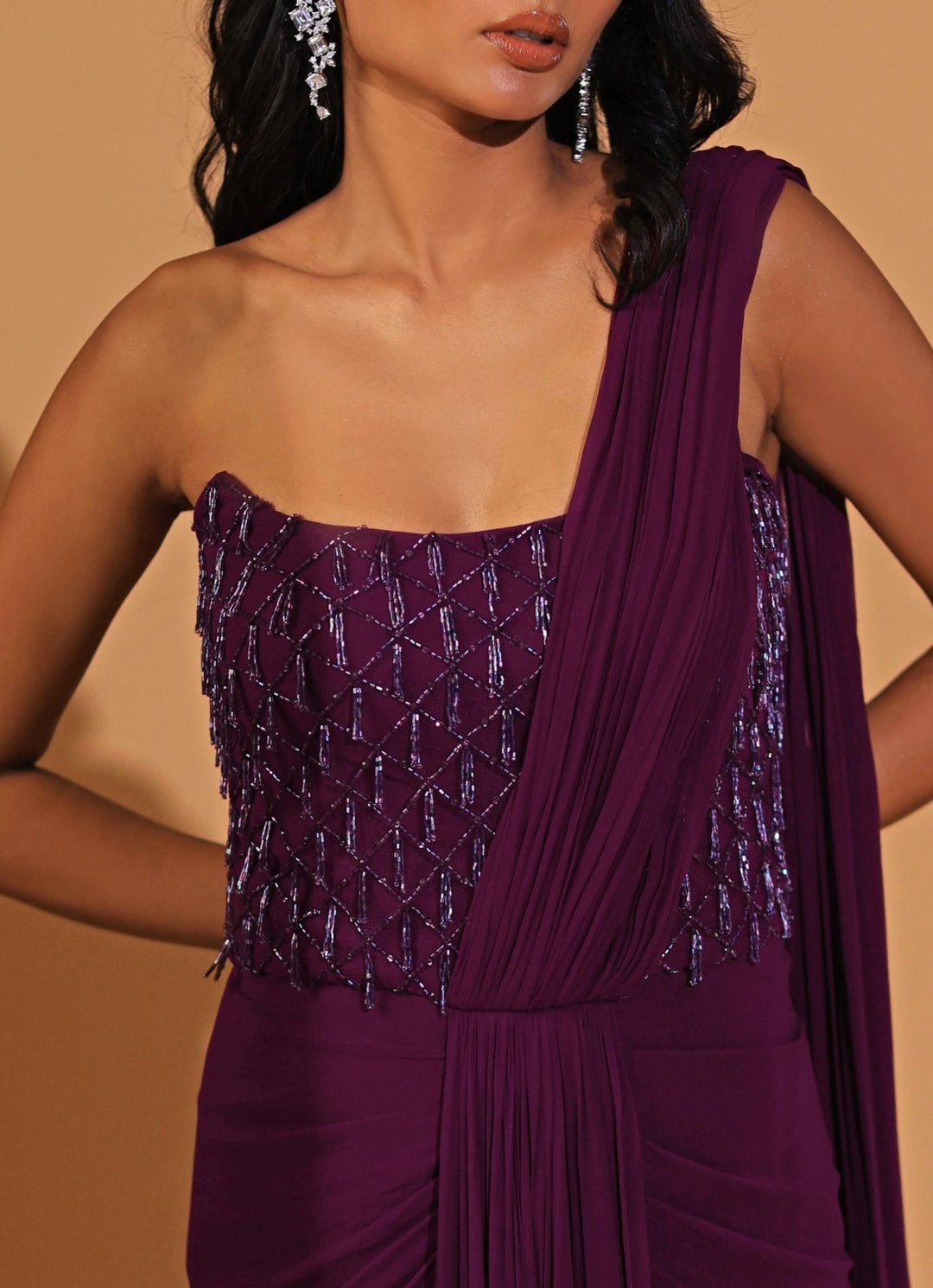 Plum Purple Embridered Georgette Concept Saree Gown Kiyohra - Fabilicious Fashion