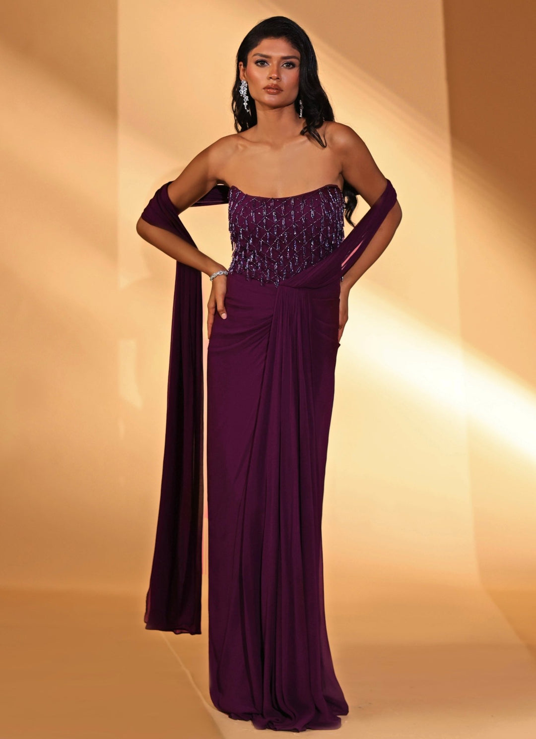 Plum Purple Embridered Georgette Concept Saree Gown Kiyohra - Fabilicious Fashion