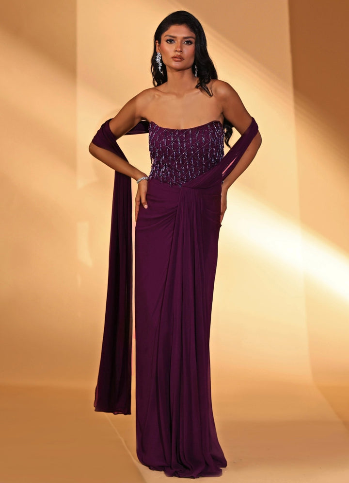 Plum Purple Embridered Georgette Concept Saree Gown Kiyohra - Fabilicious Fashion