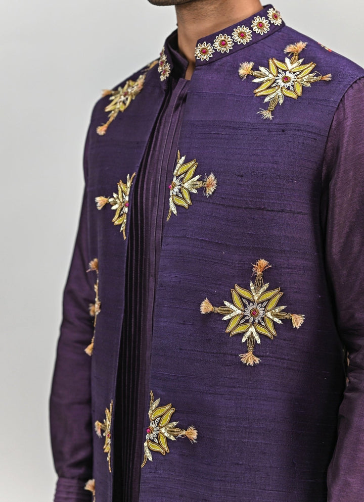 Plum Purple Embroidered Half Jacket Kurta Set Juhi Bengani - Men - Fabilicious Fashion