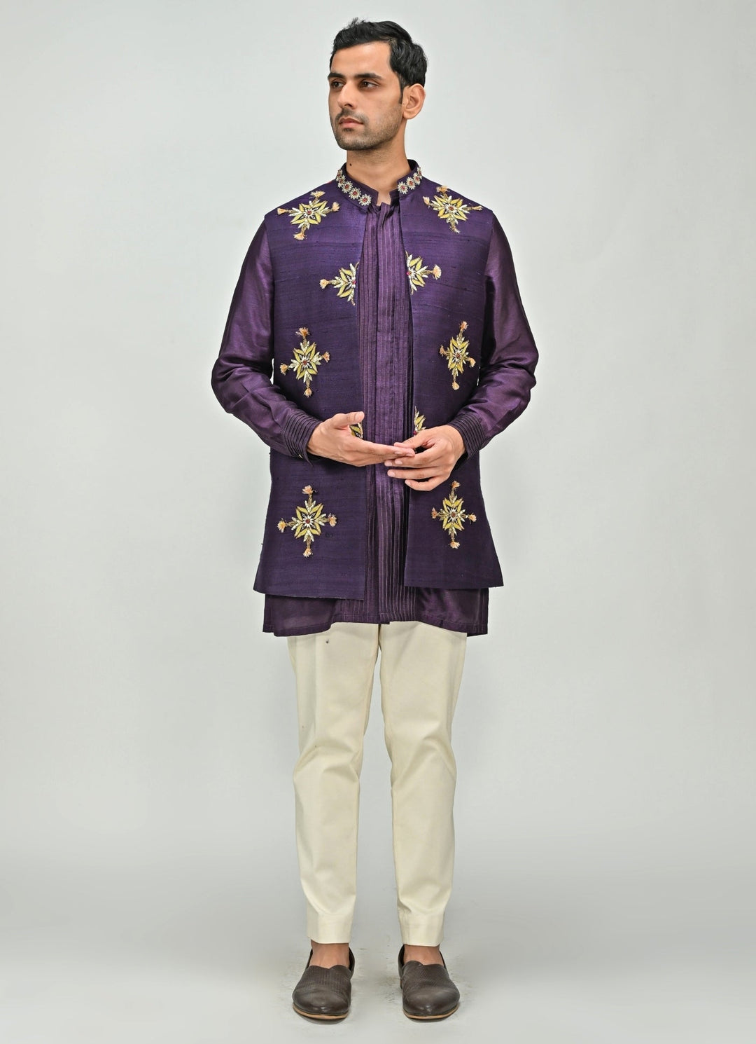 Plum Purple Embroidered Half Jacket Kurta Set Juhi Bengani - Men - Fabilicious Fashion