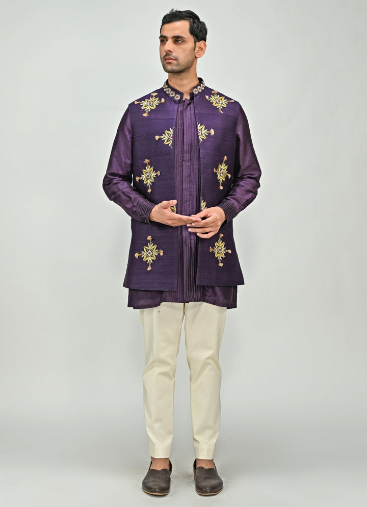 Plum Purple Embroidered Half Jacket Kurta Set Juhi Bengani - Men - Fabilicious Fashion