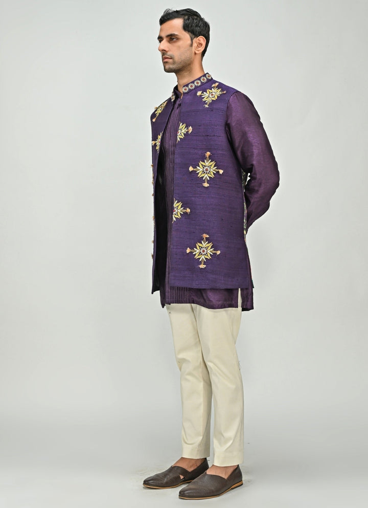 Plum Purple Embroidered Half Jacket Kurta Set Juhi Bengani - Men - Fabilicious Fashion