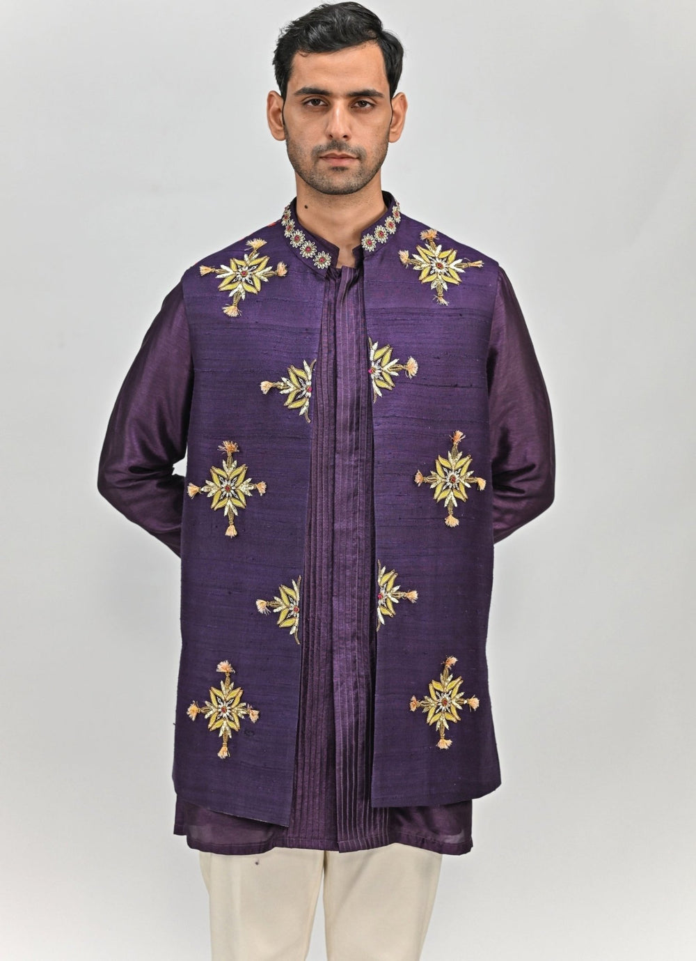 Plum Purple Embroidered Half Jacket Kurta Set Juhi Bengani - Men - Fabilicious Fashion