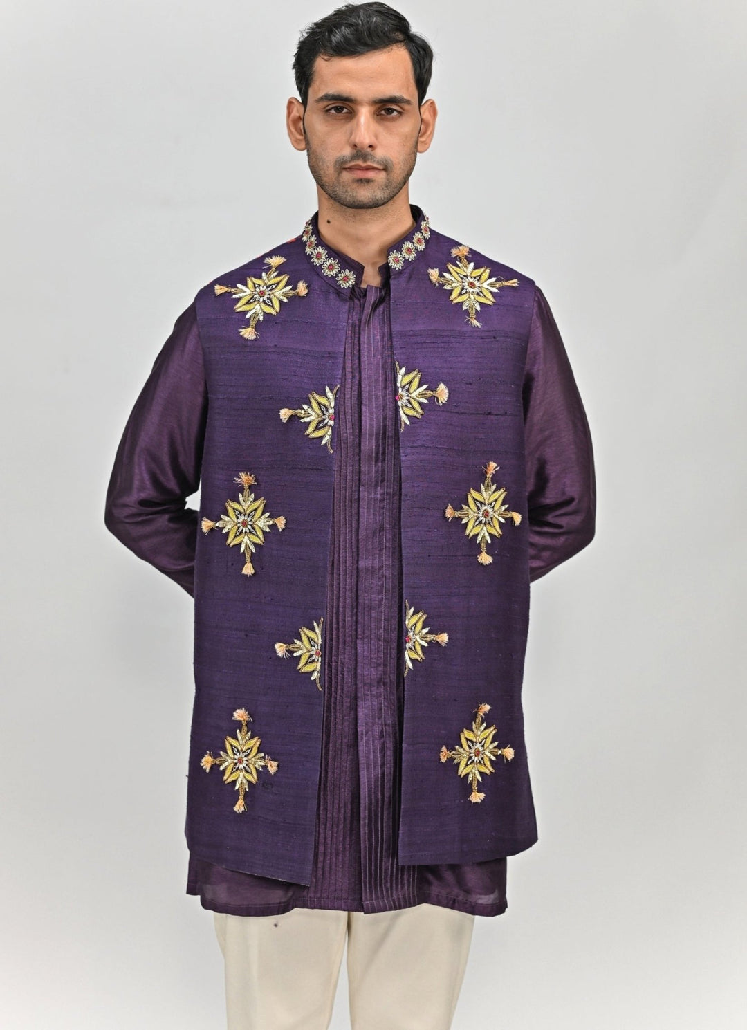 Plum Purple Embroidered Half Jacket Kurta Set Juhi Bengani - Men - Fabilicious Fashion