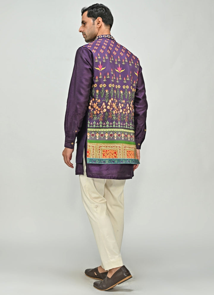 Plum Purple Embroidered Half Jacket Kurta Set Juhi Bengani - Men - Fabilicious Fashion
