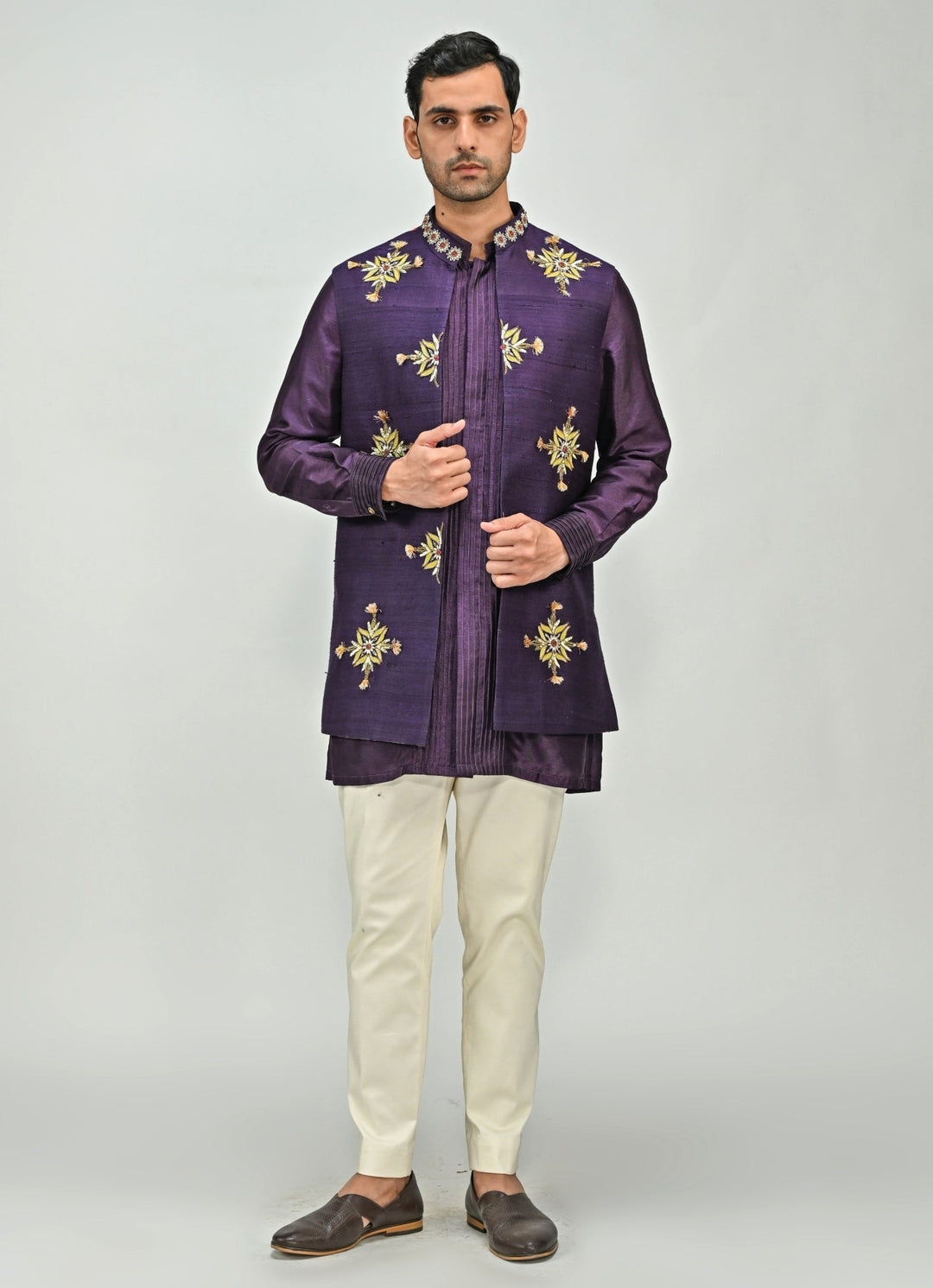 Plum Purple Embroidered Half Jacket Juhi Bengani - Men - Fabilicious Fashion